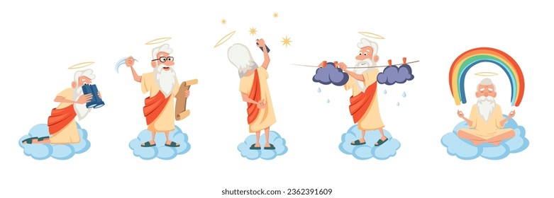 elder angels characters. cartoon cute funny old paradise angels with wings in different poses set, angelic beings concept. vector cartoon flat characters collection.