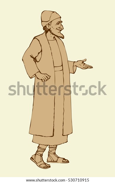 Elder bearded wise chaldean priest in vintage\
ethnic middle east Aramaic biblical wear: linen tunic suit,\
tallith, cap, sandals. Outline ink drawn sketch in art retro\
cartoon style pen on\
paper