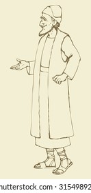 Elder bearded wise chaldean sage priest in antiquity ethnic middle east Aramaic biblical wear: linen tunic suit, tallith, cap, sandals. Outline ink drawn sketch in art retro cartoon style pen on paper