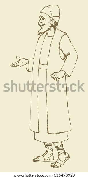 Elder bearded wise chaldean sage priest in\
antiquity ethnic middle east Aramaic biblical wear: linen tunic\
suit, tallith, cap, sandals. Outline ink drawn sketch in art retro\
cartoon style pen on\
paper