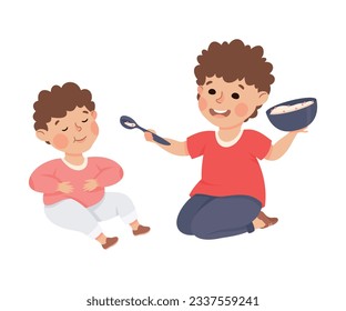 Elder brother feeding the younger. Happy kids brothers playing and spending good time together cartoon vector illustration