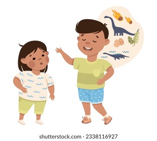 Elder brother telling his little sister about dinosaurs. Joyful kids playing together cartoon vector illustration