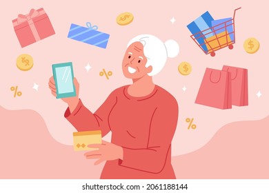 Elder buying many goods online. Flat illustration of elderly woman spending money at various stores using smartphone