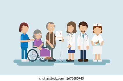 Elder care concept with medical staffs take care of elder patient vector illustration
