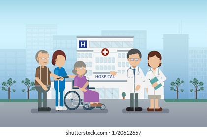 Elder care concept with medical staffs take care of elder patient vector illustration