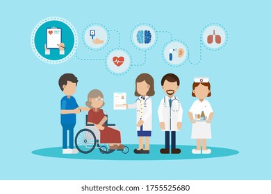 Elder care concept with medical staffs take care of elder patient vector illustration