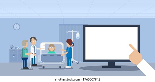 Elder care concept with medical staffs take care of elder patient and blank screen tablet flat design vector illustration