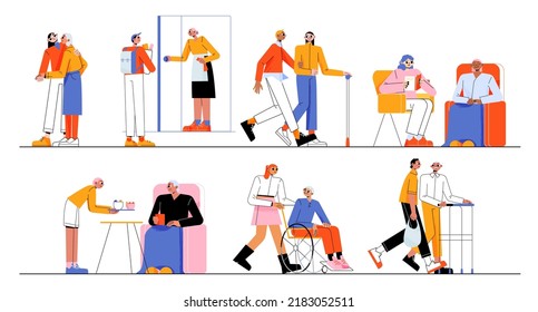 Elder care and help concept. Volunteers support seniors, young and old people read, shopping, walk on wheelchair, courier deliver food. Social workers and pensioners, Linear flat vector illustration