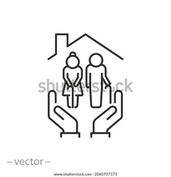 elder care icon, old people with home, help age\
generation, senior healthcare, caregiver organization, health\
insurance, charity people community, thin line symbol - editable\
stroke vector