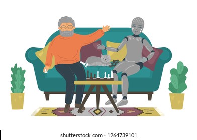 Elder care robot playing chess with senior man on sofa at home on white background. AI futuristic concept.  