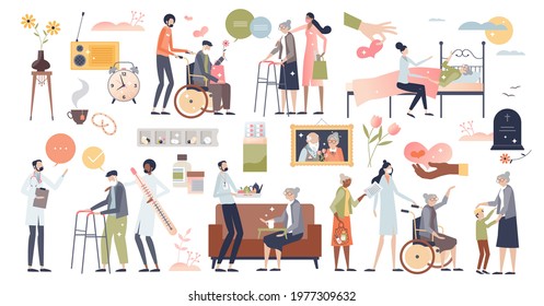 Elder care set with nursing or senior assistance elements tiny person concept. Retirement professional support items collection and group with medical or social help resources vector illustration.