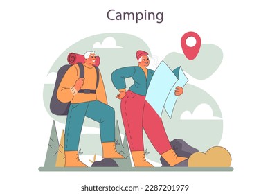 Elder characters camping together. Mountain travel with trekking equipment. Tourists hiking. Active senior backpackers with a map, exploring nature. Flat vector illustration