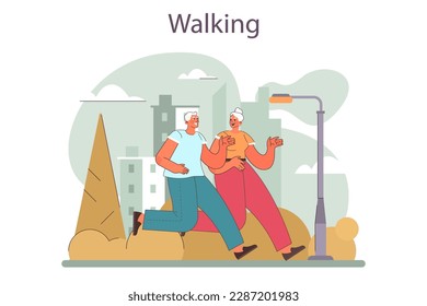 Elder characters walking in the park. Active senior man and woman having a good time talking to each other outside. Retired people having a healthy modern lifestyle. Flat vector illustration