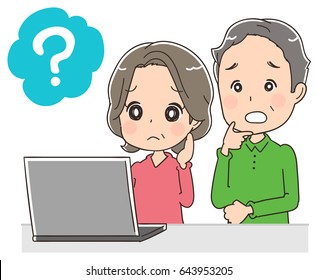 An elder couple is confused while using a personal computer