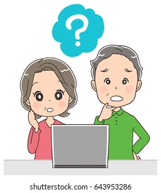 An elder couple is confused while using a personal computer