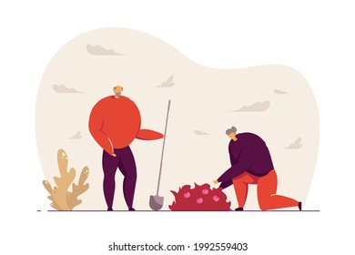 Elder couple doing gardening flat vector illustration. Old man holding shovel, woman removing weeds near bush with flowers. Gardener, retirement concept for banner, website design or landing web page