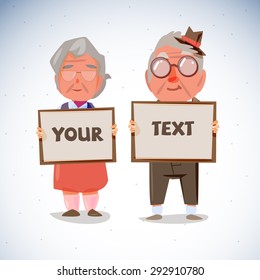 Elder Couple Holding Blank Paper To Presentation. Old Age Concept - Vector Illustration 