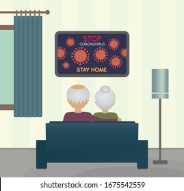 Elder couple staying home to avoid Corona virus infection. Disease prevention covid-16 protect yourself stay home. Home interior old couple sitting on the sofa and watching tv illustration vector.