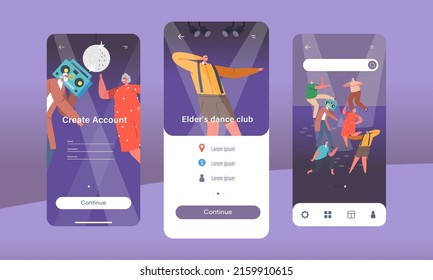 Elder Dance Club Mobile App Page Onboard Screen Template. Senior Characters Performing on Disco Party at Night Club. Old People Dancing Recreation Concept. Cartoon People Vector Illustration