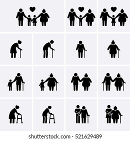 Elder and Family Icons set. Old people Icons. Senior people Icons. Vector family collection