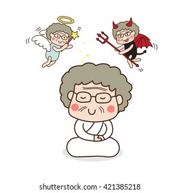 An elder female meditating in white outfit with angel and devil above her head. Vector Illustration.
