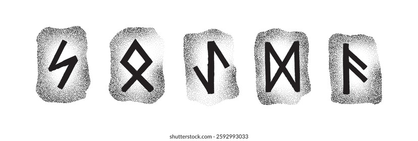 Elder Futhark runes engraved on stones. Vector set of 24 symbols. Norse mythology, Viking era. Scalable, monochrome design. Perfect for graphic projects. Eihwaz, Odal, Sigel, Dagaz, Ansuz by dot.