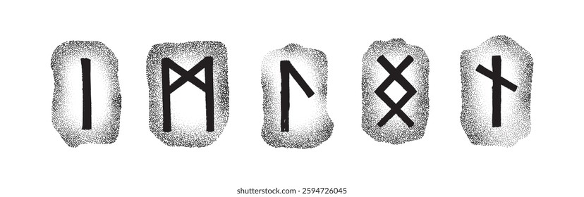 Elder Futhark runes engraved on stones. Vector set of five symbols. Norse mythology, Viking era. Scalable, monochrome design. Perfect for graphic projects. Isa, Mannaz, Laguz, Ingwaz, Nauthiz by dot.