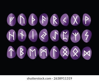 Elder Futhark Runes on Purple Stones A complete set of Elder Futhark runes depicted in bright white symbols carved onto polished purple stones, arranged in three rows on a black background.