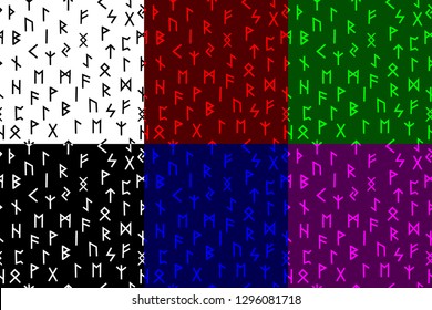 Elder Futhark runes seamless pattern, Older, Old or Germanic Futhark (black, white, red, blue, green, purple) background set,