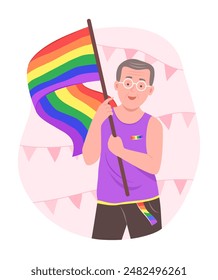 Elder Gay Man Holding the LGBT Rainbow Flag for Gay Pride Concept Illustration