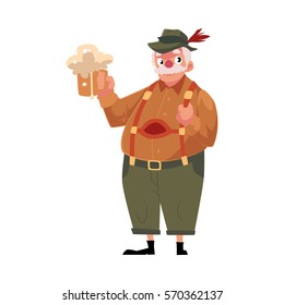 Elder grey haired man in traditional German, Bavarian Oktoberfest costume holding beer mug, cartoon vector illustration isolated on white background. German, Bavarian man in traditional costume