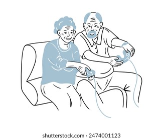 Elder happy man and woman playing video games and sitting on couch. Contrast doodle illustration isolated on white background. Vector outline drawing of active aging for logo, sticker