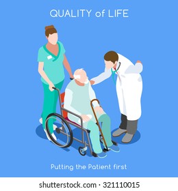 Elder Health Care Medical Doctor Senior Patient Infographic. Clinic Day Hospital Patient Healthcare. Nurse Old Man Patient Wheelchair. Medicine Staff Health  Isometric Hero People Nurse Vector Images