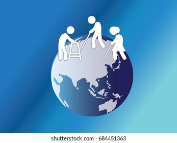Elder icon. Elderly people on the world as background. Vector illustration.