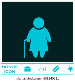 Elder lady icon flat. Blue pictogram on dark background. Vector illustration symbol and bonus icons