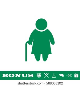 Elder lady icon flat. Green pictogram on white background. Vector illustration symbol and bonus button