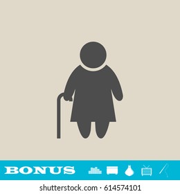 Elder lady icon flat. Grey pictogram on light background. Vector illustration symbol and bonus button real estate, ottoman, vase, tv, fishing rod