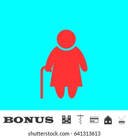 Elder lady icon flat. Red pictogram on blue background. Vector illustration symbol and bonus buttons Music center, corkscrew, credit card, house, drum