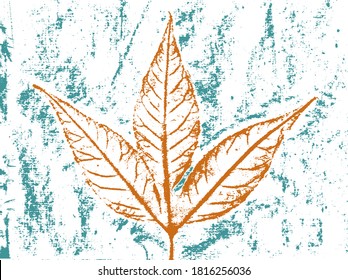 Elder Leaf on Grunge Background Vintage Print Style Template for Autumn Fall Decoration - Rusty Orange on Turquoise Backdrop - Vector Stamp Graphic Design