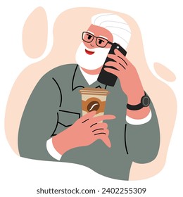 Elder man businessman drinks coffee on breakfast and talk on phone. Successful man with cup of coffee enjoying quiet lunch and speak on phone with colleague or friend