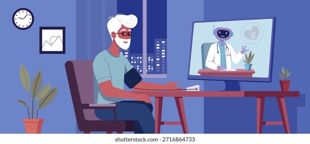 Hombre mayor que comprueba la presión arterial en casa durante una consulta de telemedicina en línea con el doctor virtual del robot en una pantalla de ordenador, que simboliza soluciones digitales modernas de la atención sanitaria.