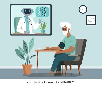 Elder man checking blood pressure at home during an online telemedicine consultation with robot virtual doctor on a computer screen, symbolizing modern digital healthcare solutions.