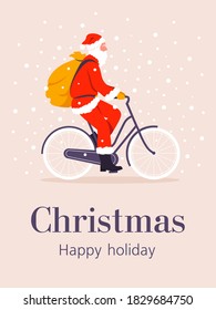 An elder man dressed as Santa Claus rides a bicycle with a bag of gifts under snowfall. Christmas postcard. Winter vertical banner. Vector flat illustration.