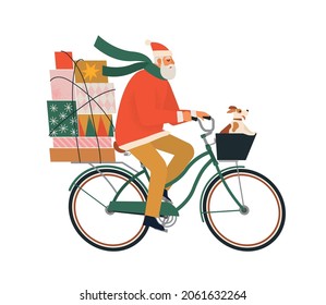 An elder man dressed as Santa Claus rides a bicycle with gifts and dog. Christmas postcard. Winter vertical banner. Vector flat illustration.