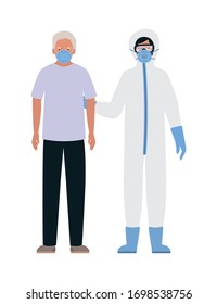 Elder man with mask and doctor with protective suit against Covid 19 design of Medical care hygiene health emergency and patient theme Vector illustration