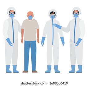 Elder man with mask and doctors with protective suits against Covid 19 design of Medical care hygiene health emergency and patient theme Vector illustration