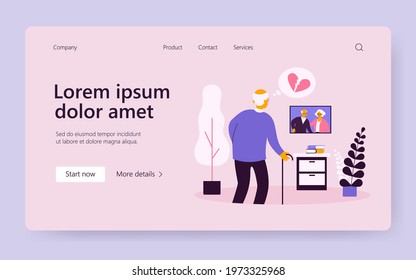 Elder man missing passed wife. Widower with broken heart looking at couple picture. Flat vector illustration. Family, loss, elderly age concept for banner, website design or landing web page