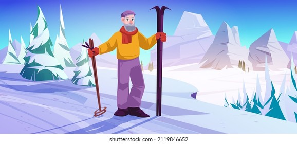 Elder man with ski and sticks stand on snow slope in mountains. Vector cartoon illustration of winter landscape with snowy downhill, trees, rocks and senior adult skier