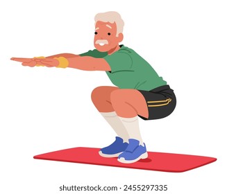 Elder Man Squatting, Embodies Active Aging, Promoting Strength, Flexibility, And Balance. Aged Male Character Embracing A Healthy Lifestyle, Doing Sports Workout at Home. Cartoon Vector Illustration
