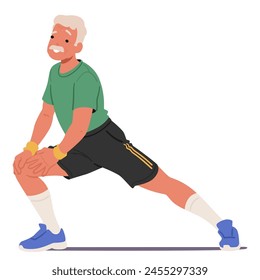 Elder Man Stretching Legs, Depicts A Commitment To A Healthy Lifestyle, Promoting Flexibility, Mobility, And Overall Wellbeing. Aged Fit Male Character Exercises. Cartoon People Vector Illustration